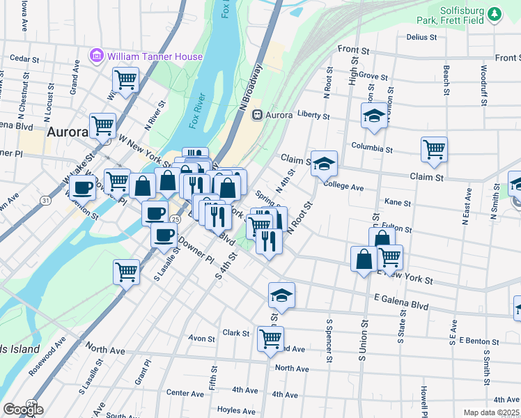 map of restaurants, bars, coffee shops, grocery stores, and more near 76 North 4th Street in Aurora