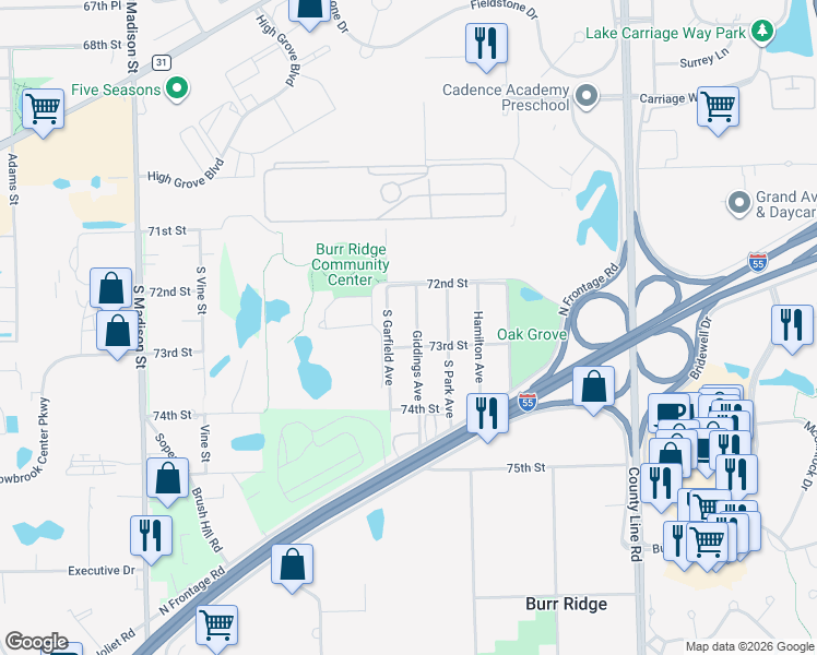 map of restaurants, bars, coffee shops, grocery stores, and more near 7239 Giddings Avenue in Burr Ridge