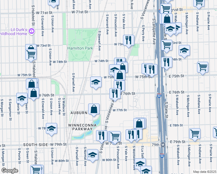 map of restaurants, bars, coffee shops, grocery stores, and more near 7534 South Harvard Avenue in Chicago