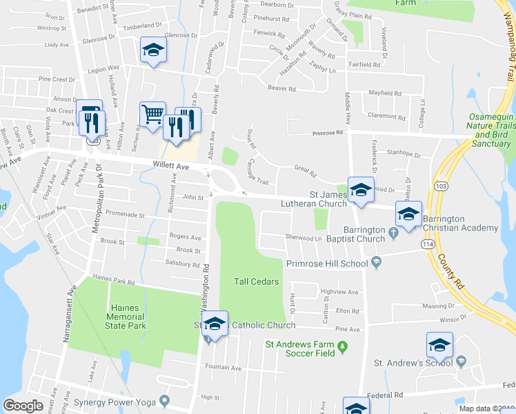 map of restaurants, bars, coffee shops, grocery stores, and more near 15 Rosedale Ave in Barrington
