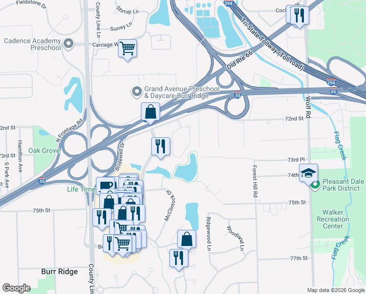 map of restaurants, bars, coffee shops, grocery stores, and more near 1335 Burr Ridge Parkway in Burr Ridge