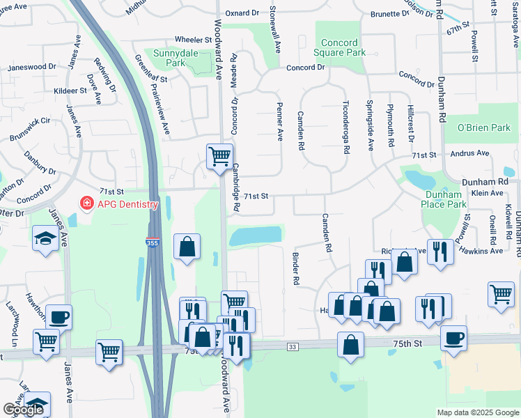 map of restaurants, bars, coffee shops, grocery stores, and more near 1828 Fitzgerald Road in Woodridge