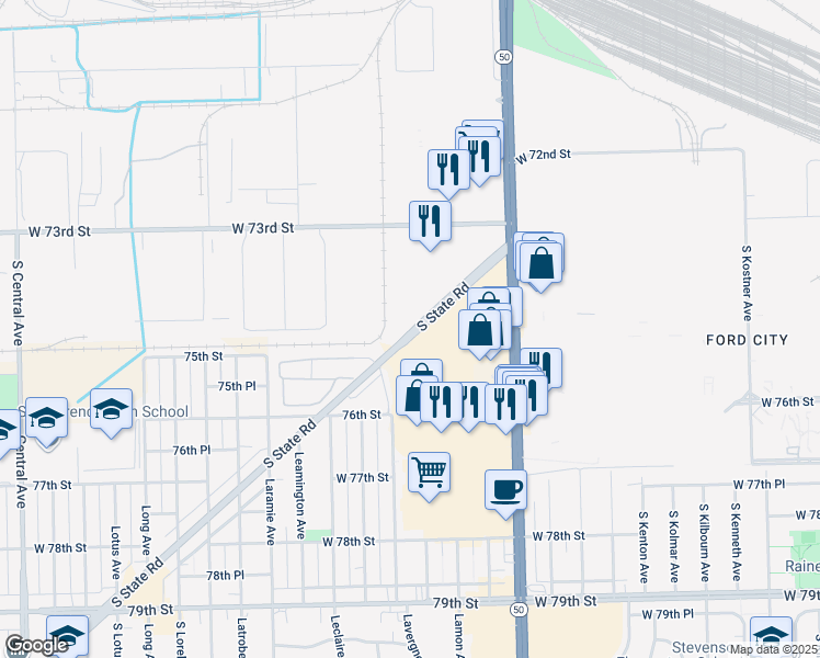 map of restaurants, bars, coffee shops, grocery stores, and more near 7528 Latrobe Avenue in Bedford Park