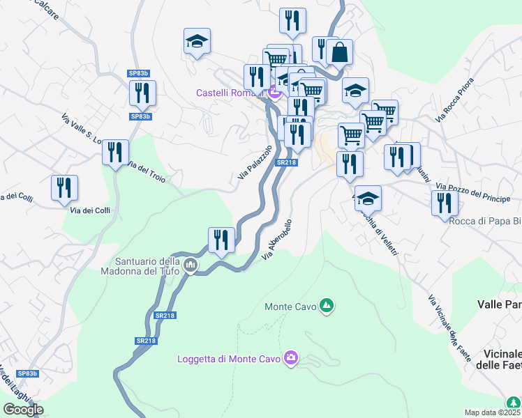 map of restaurants, bars, coffee shops, grocery stores, and more near 133 Via Roma in Rocca di Papa