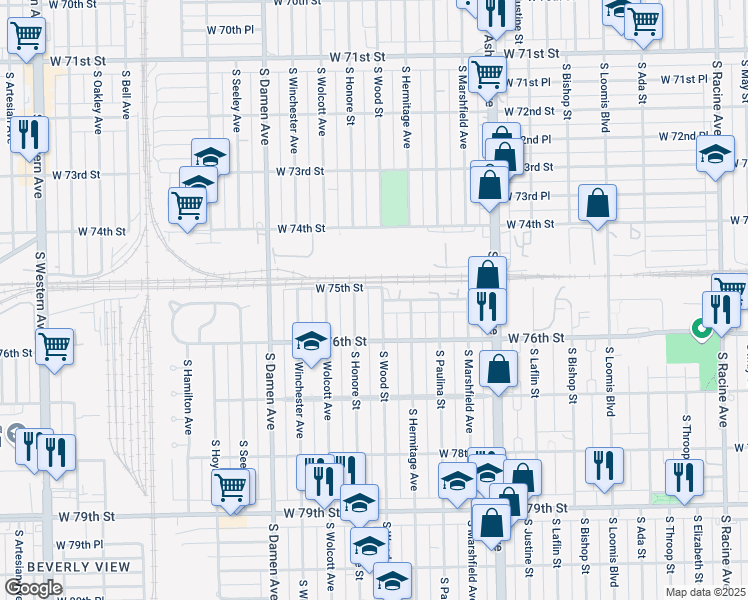 map of restaurants, bars, coffee shops, grocery stores, and more near 7514 South Wood Street in Chicago