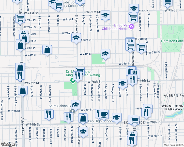 map of restaurants, bars, coffee shops, grocery stores, and more near 7535 South Aberdeen Street in Chicago