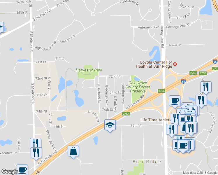 map of restaurants, bars, coffee shops, grocery stores, and more near 7239 Giddings Avenue in Burr Ridge