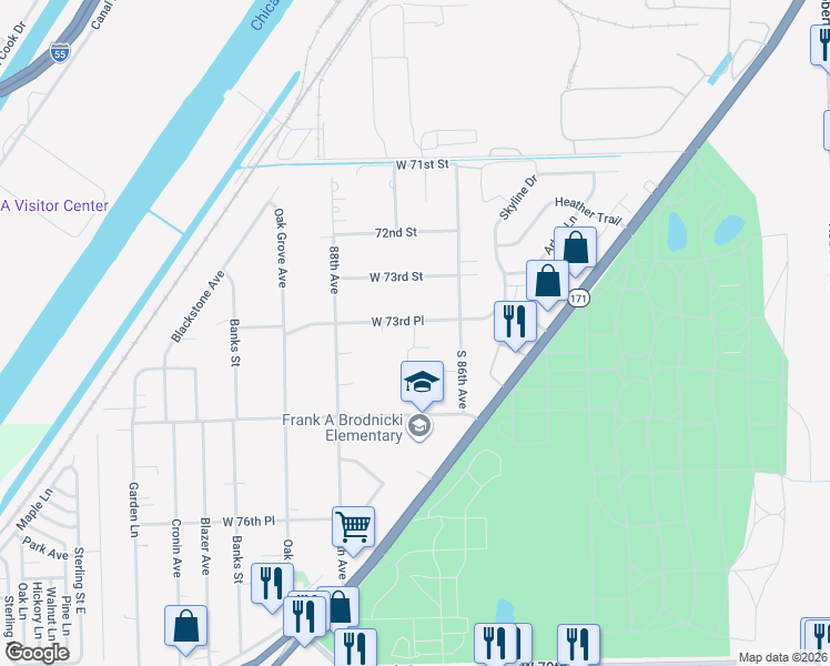 map of restaurants, bars, coffee shops, grocery stores, and more near 8643 West 73rd Place in Justice