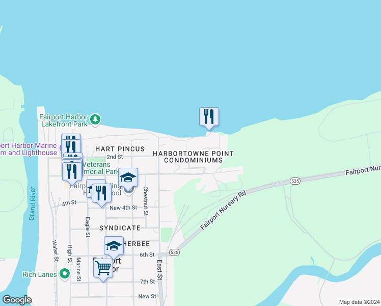 map of restaurants, bars, coffee shops, grocery stores, and more near 665 2nd Street in Fairport Harbor