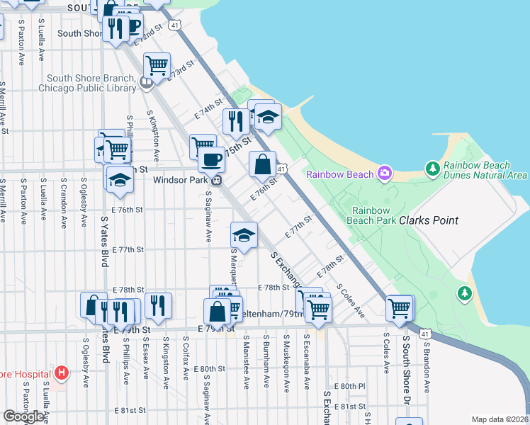map of restaurants, bars, coffee shops, grocery stores, and more near 2822 East 76th Place in Chicago