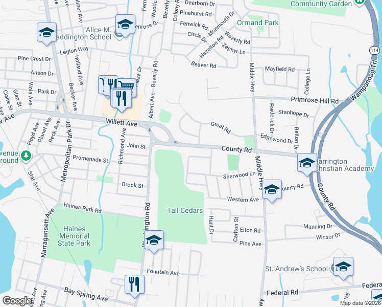 map of restaurants, bars, coffee shops, grocery stores, and more near 15 Rosedale Avenue in Barrington