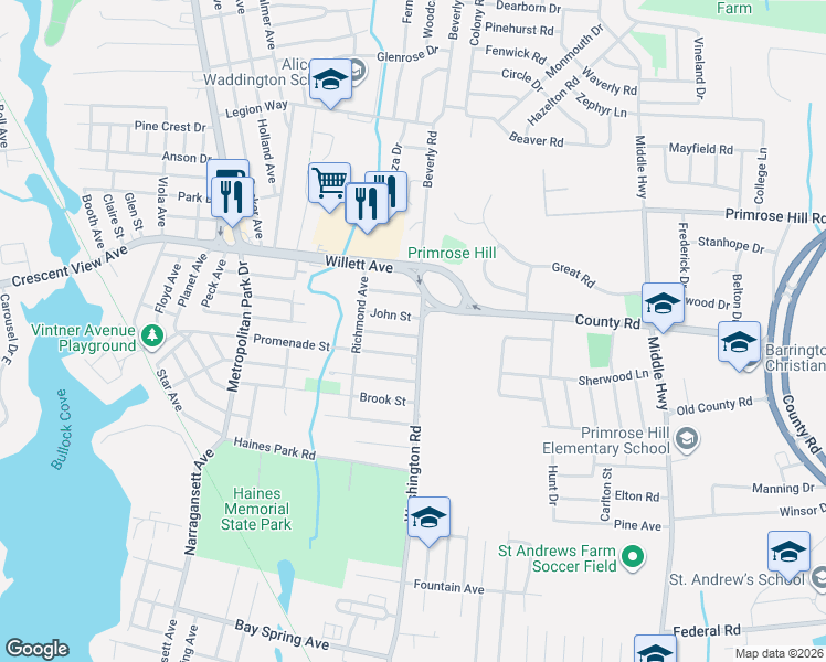 map of restaurants, bars, coffee shops, grocery stores, and more near 30 Washington Road in Barrington