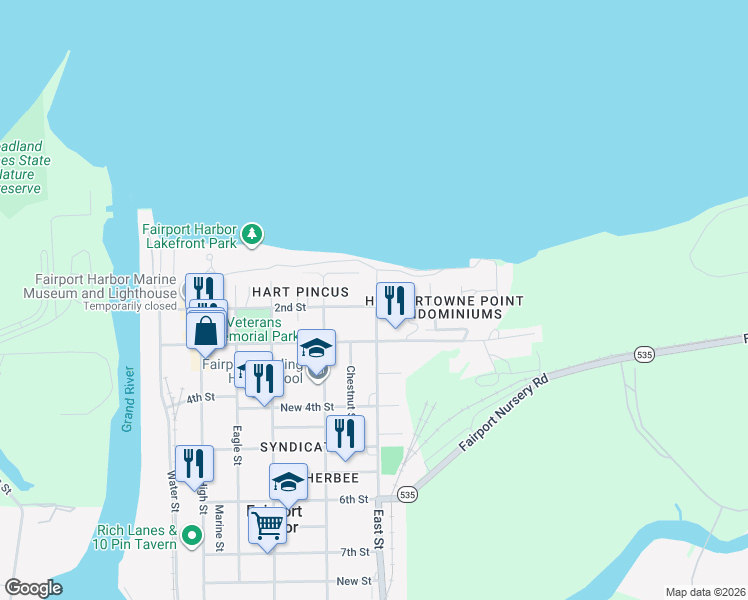 map of restaurants, bars, coffee shops, grocery stores, and more near 533 2nd Street in Fairport Harbor