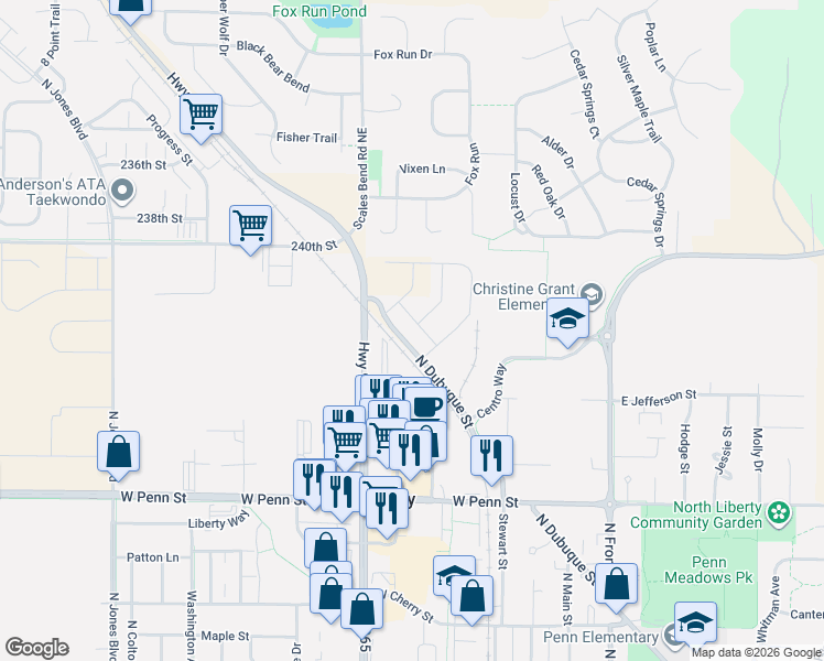 map of restaurants, bars, coffee shops, grocery stores, and more near 518-530 North Dubuque Street in North Liberty