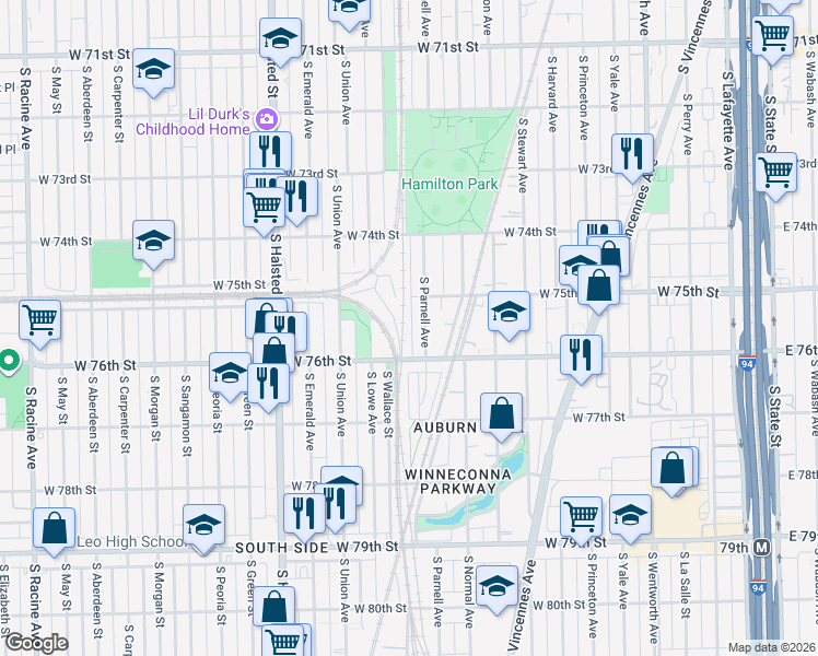 map of restaurants, bars, coffee shops, grocery stores, and more near 550 West 75th Street in Chicago