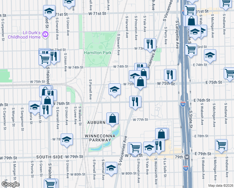 map of restaurants, bars, coffee shops, grocery stores, and more near 7530 South Stewart Avenue in Chicago
