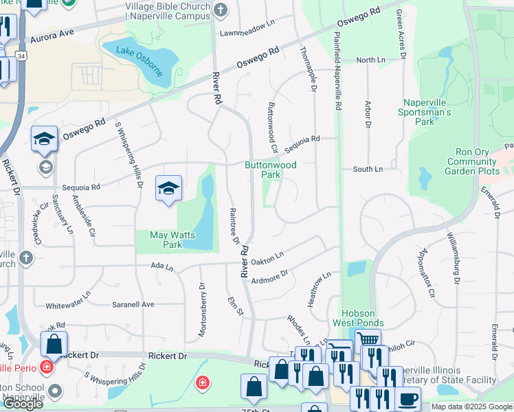 map of restaurants, bars, coffee shops, grocery stores, and more near 836 South River Road in Naperville