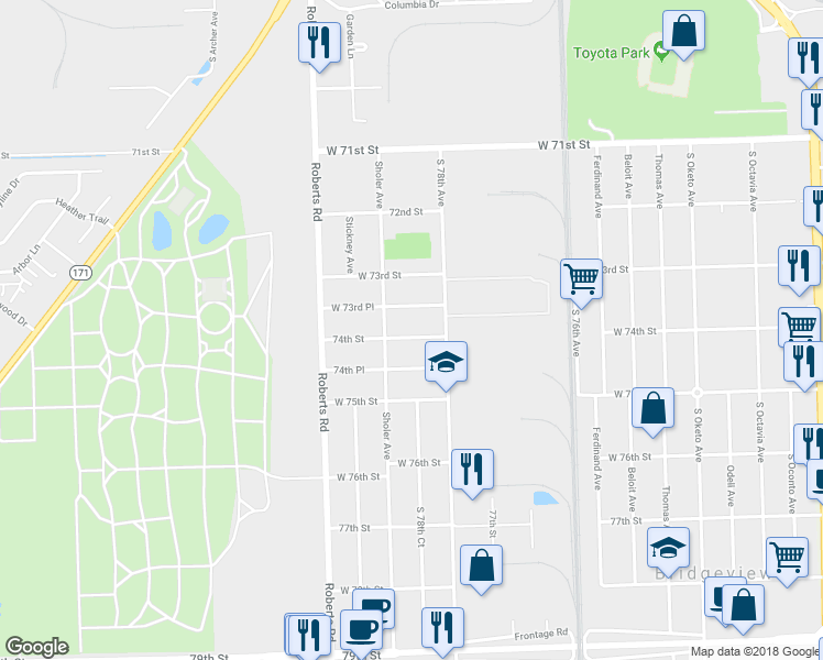 map of restaurants, bars, coffee shops, grocery stores, and more near 7830 74th Street in Bridgeview