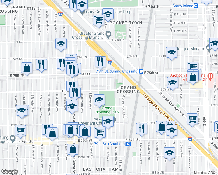 map of restaurants, bars, coffee shops, grocery stores, and more near 1006 East 76th Street in Chicago