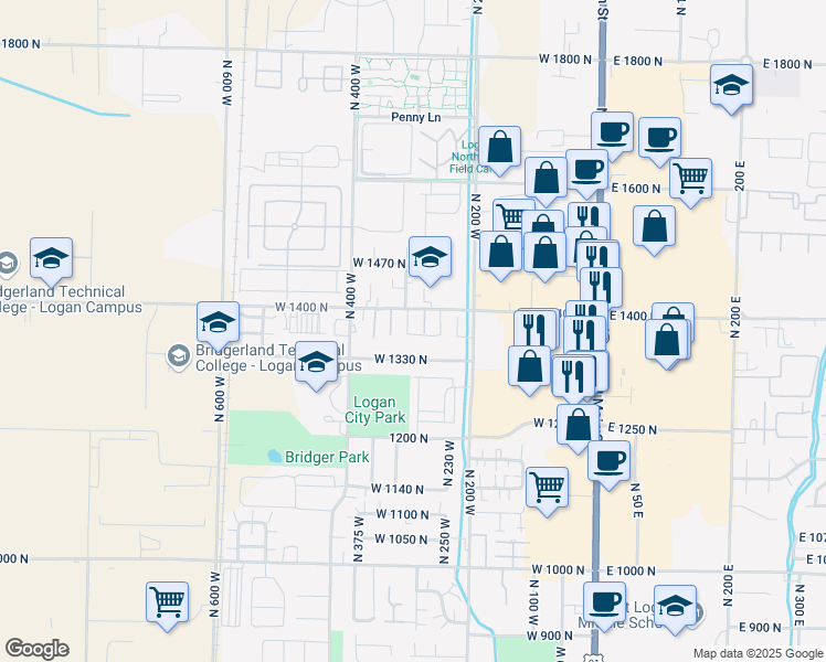 map of restaurants, bars, coffee shops, grocery stores, and more near 1370 North 290 West in Logan