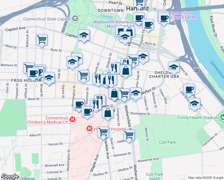 map of restaurants, bars, coffee shops, grocery stores, and more near 65 Park Street in Hartford