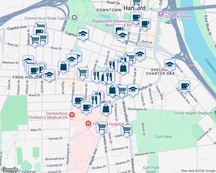 map of restaurants, bars, coffee shops, grocery stores, and more near 111 Park Street in Hartford