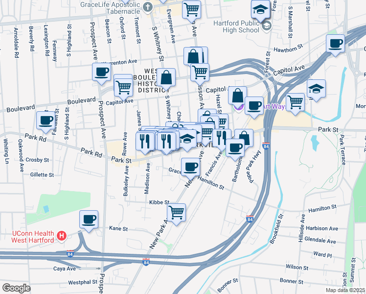 map of restaurants, bars, coffee shops, grocery stores, and more near in Hartford