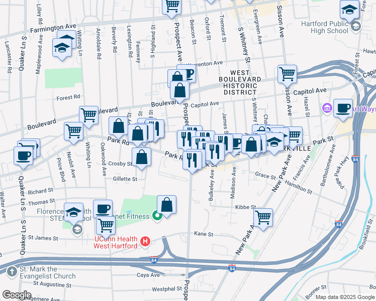 map of restaurants, bars, coffee shops, grocery stores, and more near 18 Park Road in West Hartford