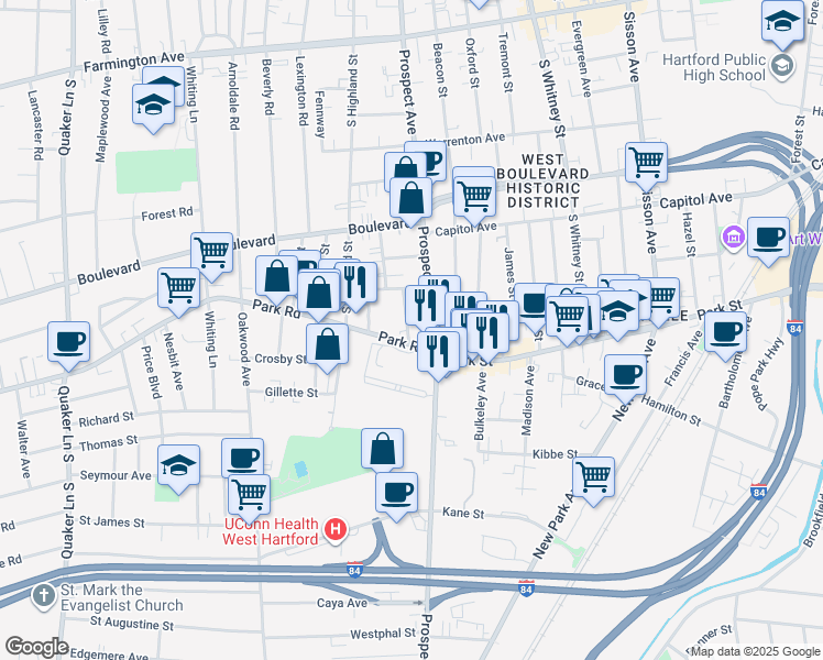 map of restaurants, bars, coffee shops, grocery stores, and more near 18 Park Road in West Hartford