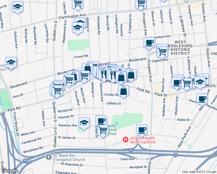 map of restaurants, bars, coffee shops, grocery stores, and more near 21 Kingston Street in West Hartford