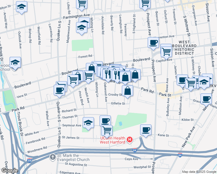 map of restaurants, bars, coffee shops, grocery stores, and more near 21 Kingston Street in West Hartford