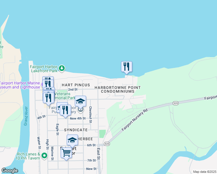 map of restaurants, bars, coffee shops, grocery stores, and more near 619 2nd Street in Fairport Harbor