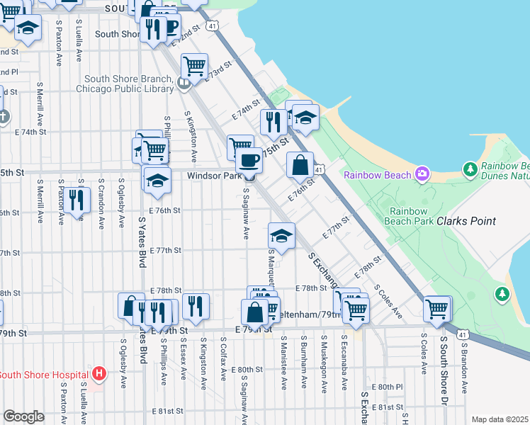 map of restaurants, bars, coffee shops, grocery stores, and more near 7607 South Saginaw Avenue in Chicago