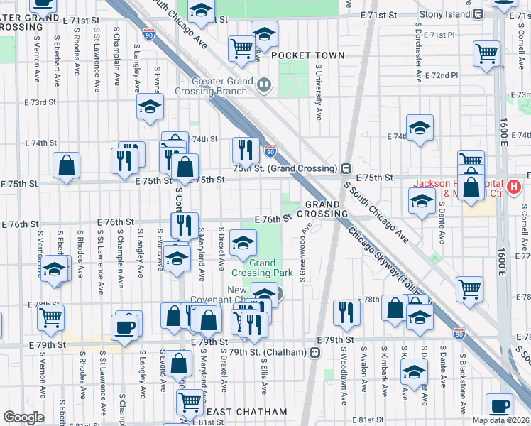 map of restaurants, bars, coffee shops, grocery stores, and more near 1006 East 76th Street in Chicago