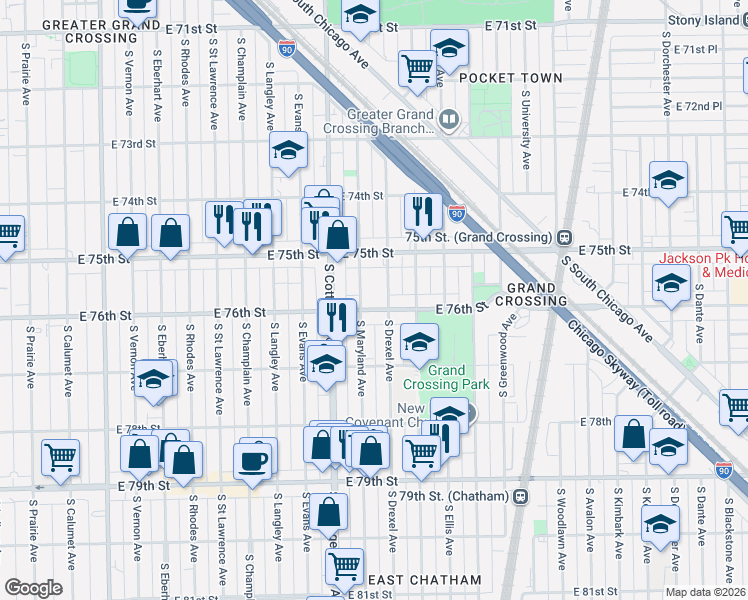 map of restaurants, bars, coffee shops, grocery stores, and more near 900 East 76th Street in Chicago
