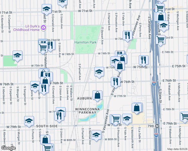 map of restaurants, bars, coffee shops, grocery stores, and more near 7534 South Eggleston Avenue in Chicago