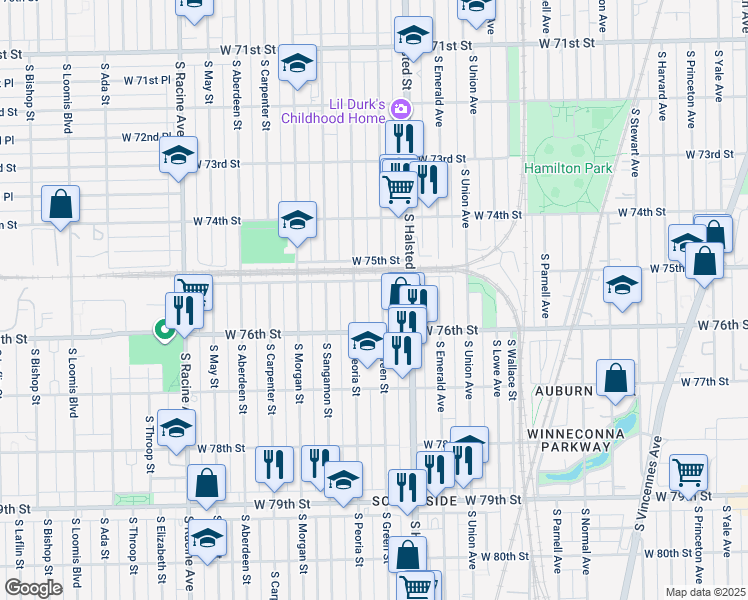 map of restaurants, bars, coffee shops, grocery stores, and more near 7523 South Peoria Street in Chicago
