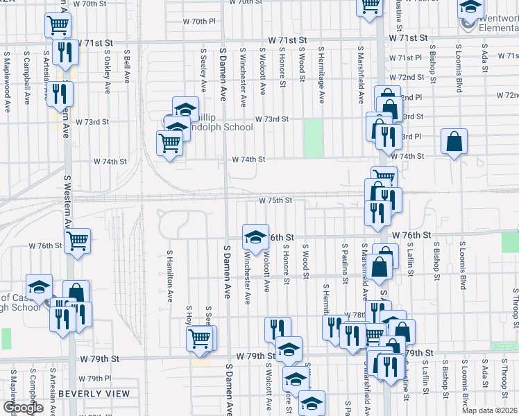 map of restaurants, bars, coffee shops, grocery stores, and more near 7515 South Winchester Avenue in Chicago