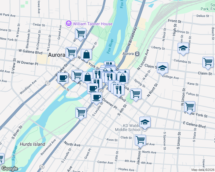 map of restaurants, bars, coffee shops, grocery stores, and more near 29 North Broadway in Aurora
