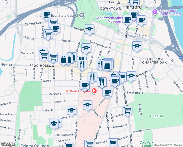 map of restaurants, bars, coffee shops, grocery stores, and more near 179 Seymour St in Hartford