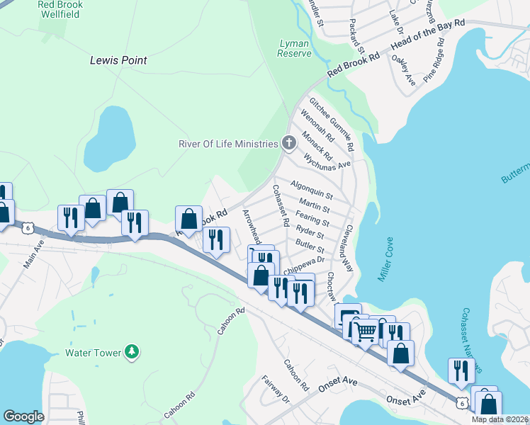 map of restaurants, bars, coffee shops, grocery stores, and more near 81 Fearing Street in Wareham