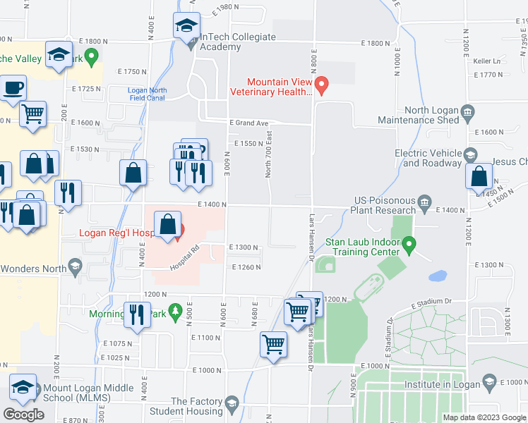map of restaurants, bars, coffee shops, grocery stores, and more near 700 East 1400 North in Logan