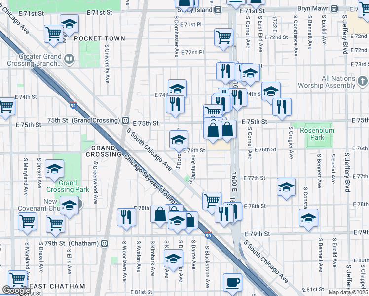 map of restaurants, bars, coffee shops, grocery stores, and more near 1408 East 76th Street in Chicago