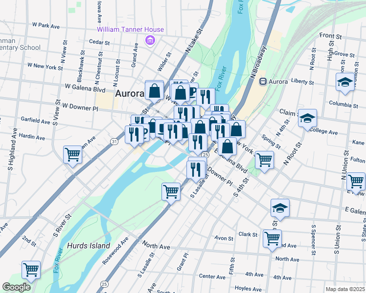 map of restaurants, bars, coffee shops, grocery stores, and more near in Aurora