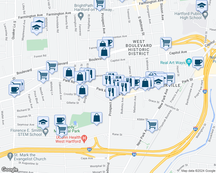 map of restaurants, bars, coffee shops, grocery stores, and more near 355 Prospect Avenue in Hartford