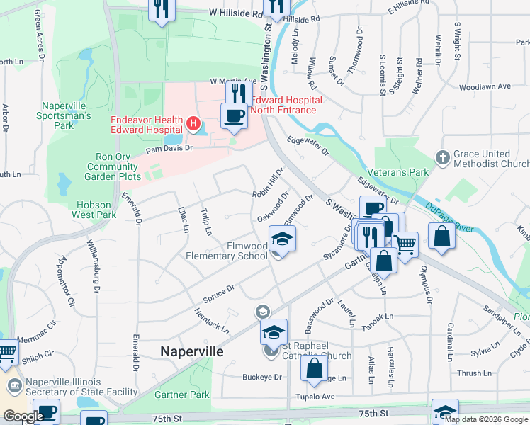 map of restaurants, bars, coffee shops, grocery stores, and more near 55 Oakwood Drive in Naperville
