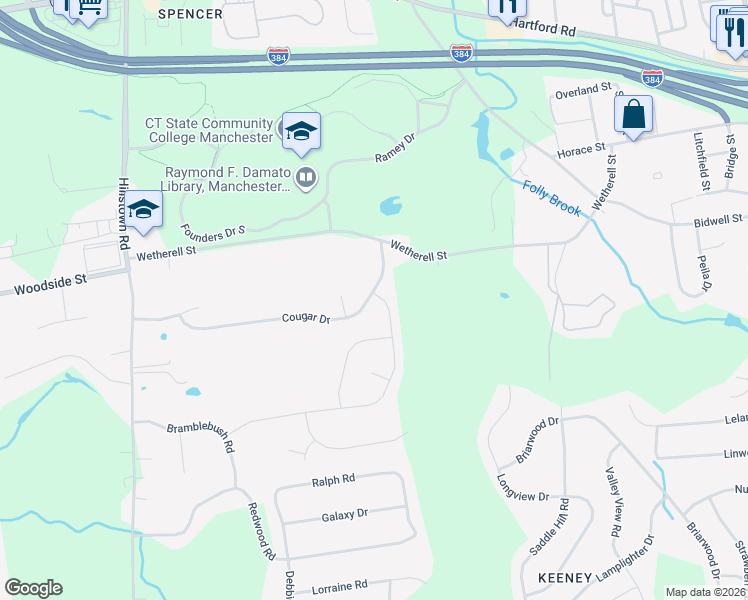 map of restaurants, bars, coffee shops, grocery stores, and more near 12 Wilson Way in Manchester