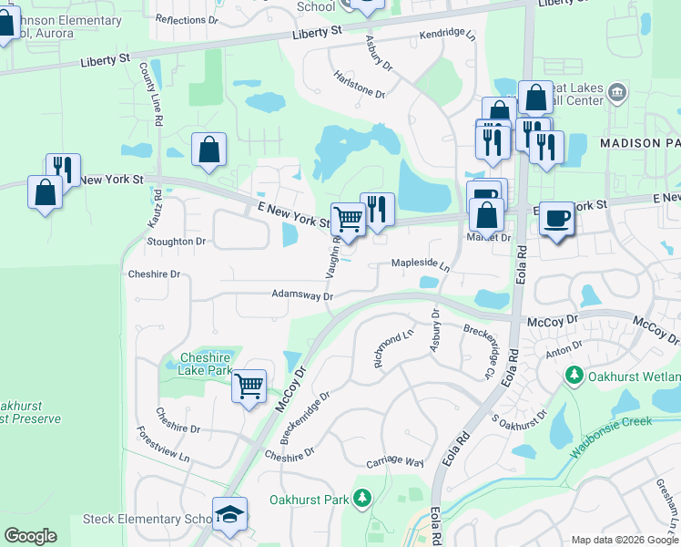 map of restaurants, bars, coffee shops, grocery stores, and more near 2572 Adamsway Drive in Aurora