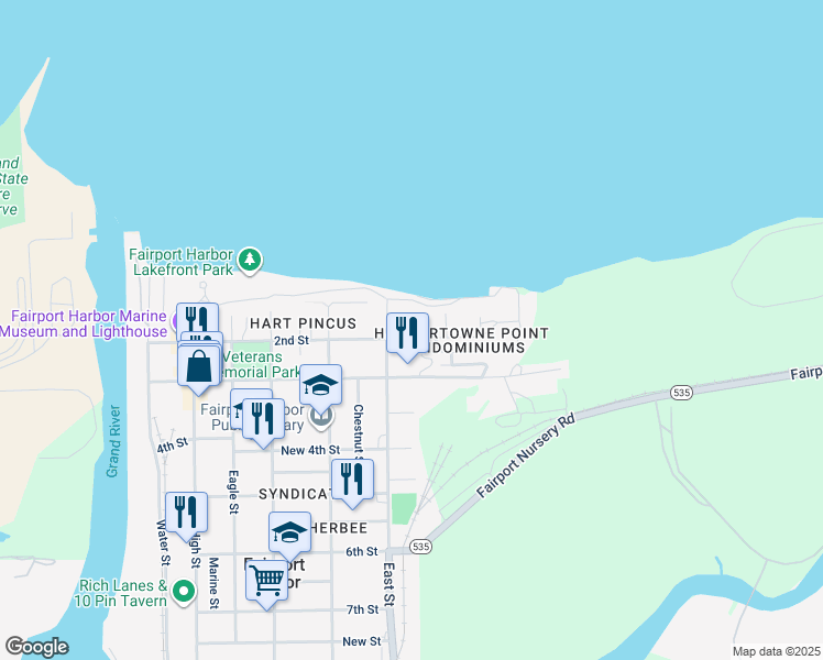 map of restaurants, bars, coffee shops, grocery stores, and more near 619 2nd Street in Fairport Harbor
