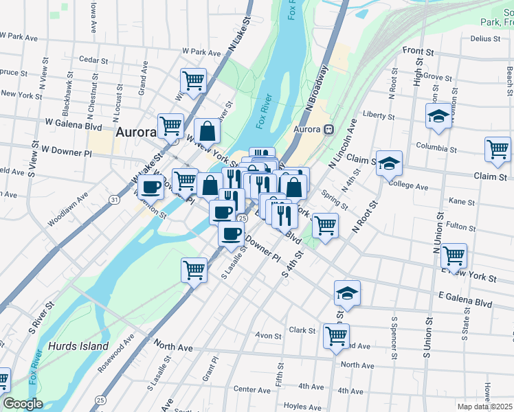 map of restaurants, bars, coffee shops, grocery stores, and more near 29 North Broadway in Aurora